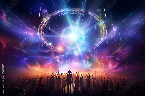 Crowd at futuristic EDM concert, dj party flyer with vivid light background, music, modern 	