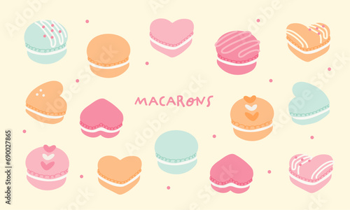 Set of vector illustrations of macarons, romantic and sweet pastel colors photo