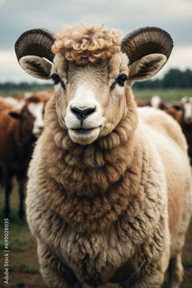 A beautiful ram with horns looks into the camera at the pasture. Farm, pets concepts. A beautiful ram with horns looks into the camera at the pasture. Farm, pets concepts.