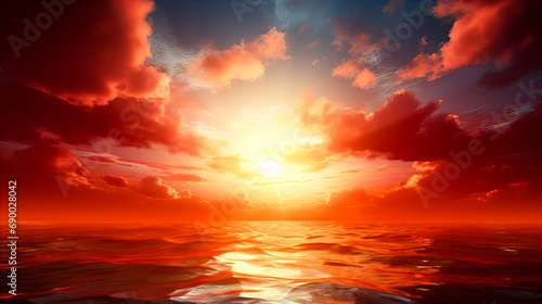 Red Sunset over the sea with clouds and waves. Generative AI technology.