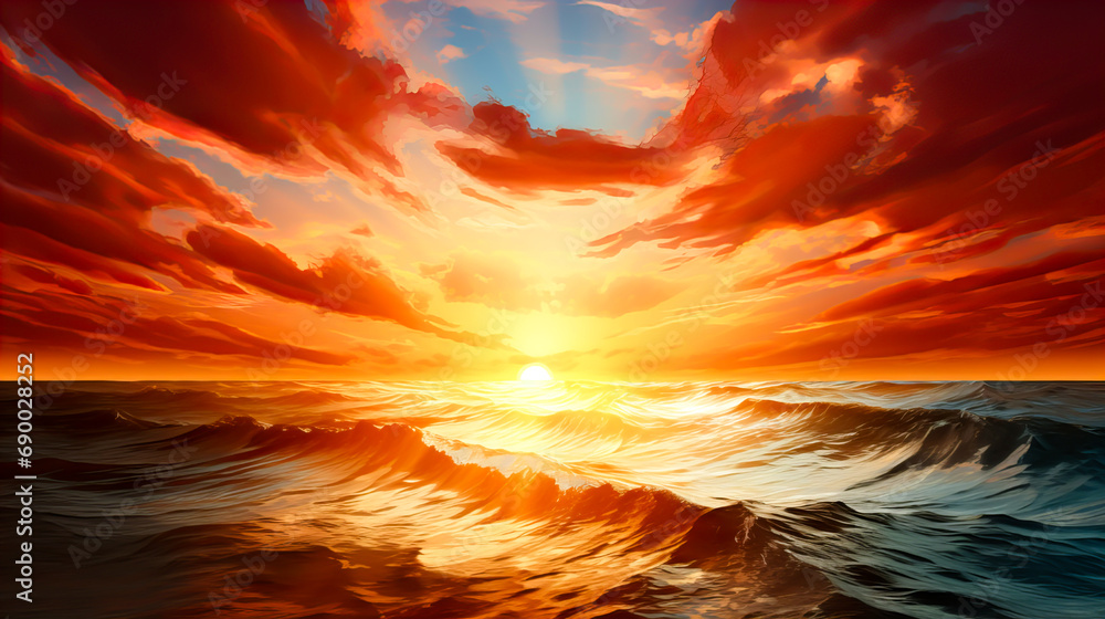 Red Sunset over the sea with clouds and waves. Generative AI technology.