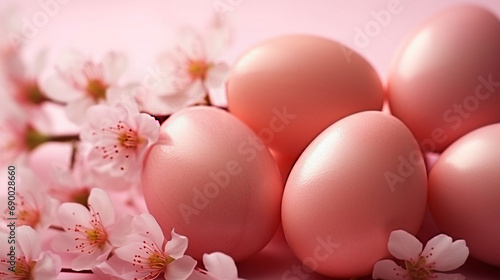 Pink easter eggs and cherry blossoms on a pink background. 