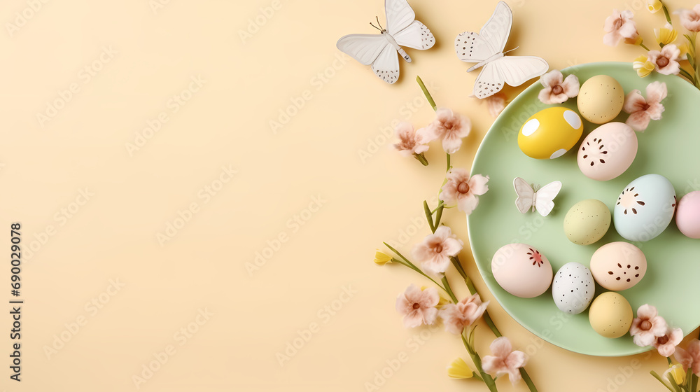 Easter decor idea. Top view photo of circle plate with colorful easter eggs butterfly shaped cookies and spring blossom branch on isolated beige background with empty space Easter decor idea. Top view photo of circle plate with colorful easter eggs butterfly shaped cookies and spring blossom branch on isolated beige background with empty space