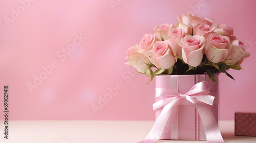 Beautiful bouquet flowers pink roses in vase and gift box with satin bow on pastel pink background table. Birthday, Wedding, Mother's Day, Valentine's day, Women's Day. Front view. Generative Ai © mahaart