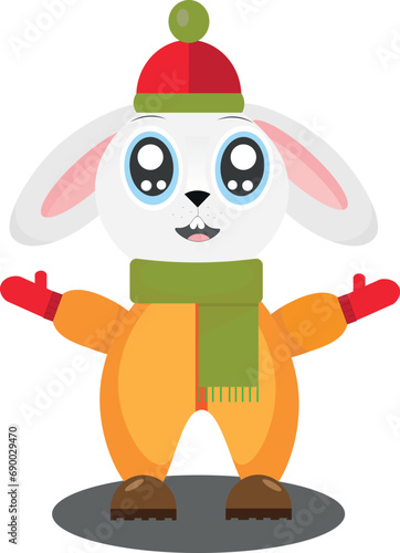 A bunny in overalls and a hat happily welcomes the New Year holidays