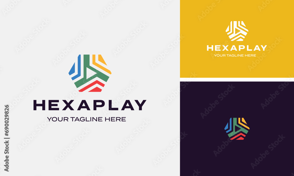 Modern simple hexagon with rotating play geometric logo design Modern simple hexagon with rotating play geometric logo design