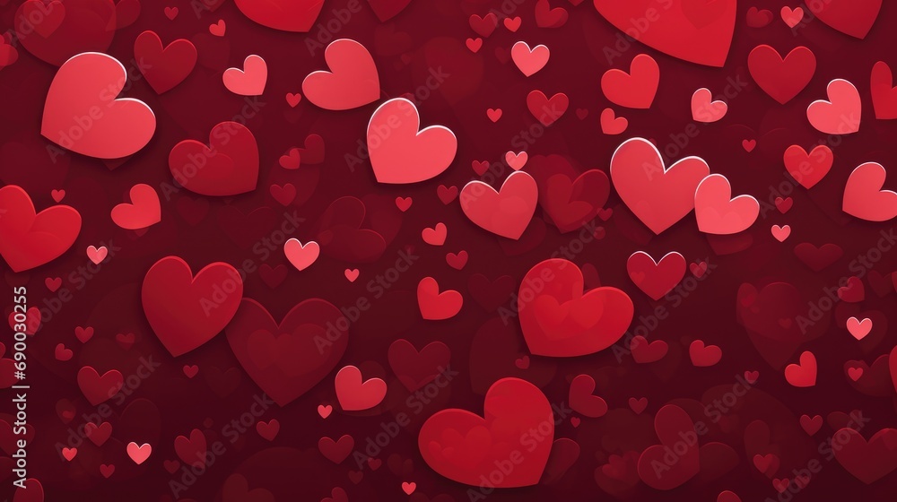 Cute romantic print on a background of red hearts. The texture of the festive background for Valentine's day, romantic wedding design.