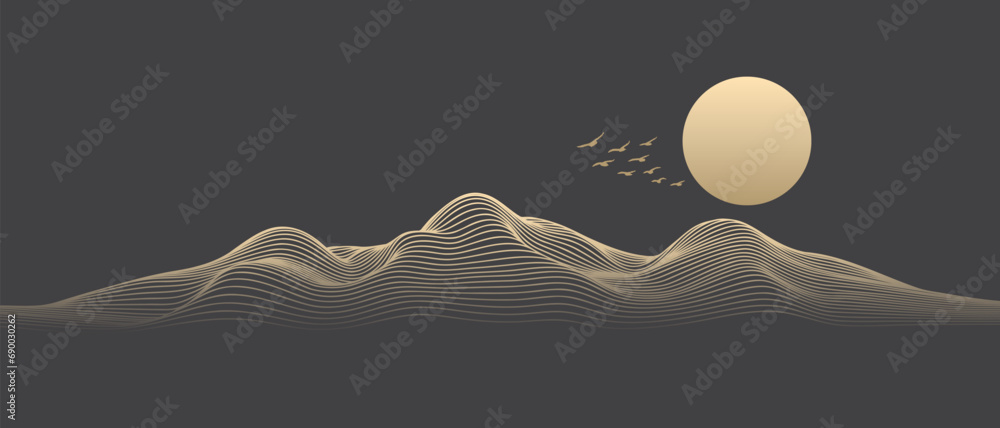 Vector abstract art landscape mountain with birds and sunrise sunset by golden line art texture isolated on dark grey black background. Minimal luxury style for wallpaper, wall art decoration. - obrazy, fototapety, plakaty 