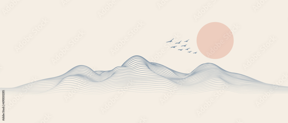 Vector abstract art landscape mountain with birds and sunrise sunset by blue line art texture isolated on white beige earth tone background. Minimal luxury style for wallpaper, wall art decoration. - obrazy, fototapety, plakaty 