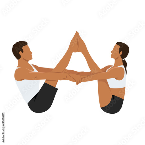 Young couple doing Partner Buddy Boat Yoga Pose exercise. Flat vector illustration isolated on white background