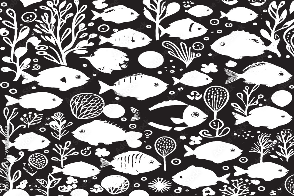 fishes black texture on white paper, vector illustration background texture
