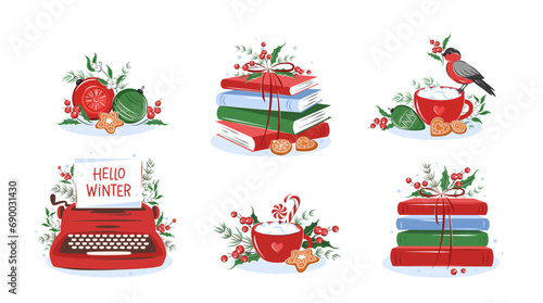 Books with winter decor. Set of reading elements for  bookshop, library, bookstore or education. Vector illustration on white background