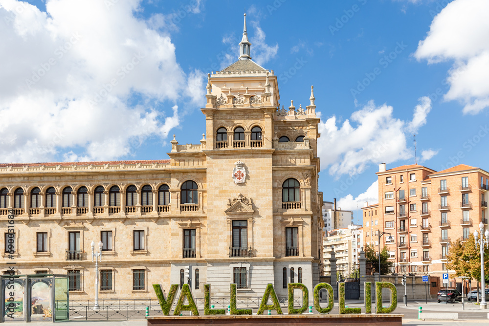 Valladolid, Spain - October 13, 2023: Views of the different buildings surrounding the Plaza de Zorilla in the historic city center of Valladolid, Spain