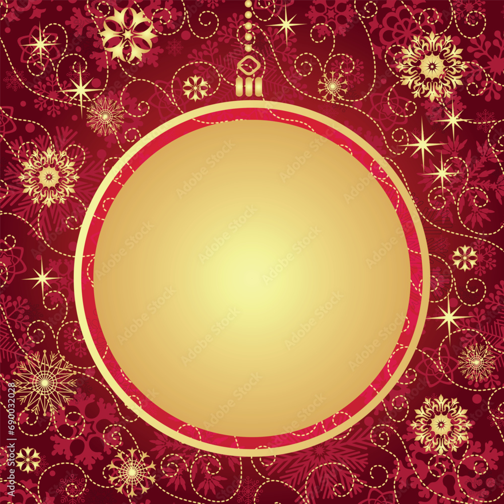 Vector hand drawn Christmas frame with glitter golden snowflakes and stars on the dark red background Vector hand drawn Christmas frame with glitter golden snowflakes and stars on the dark red background