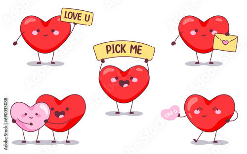 Valentine Heart Characters Collection. Flat Vector Illustration Set of Cute Love Heart Mascots with Romantic Messages and Affectionate Poses.
