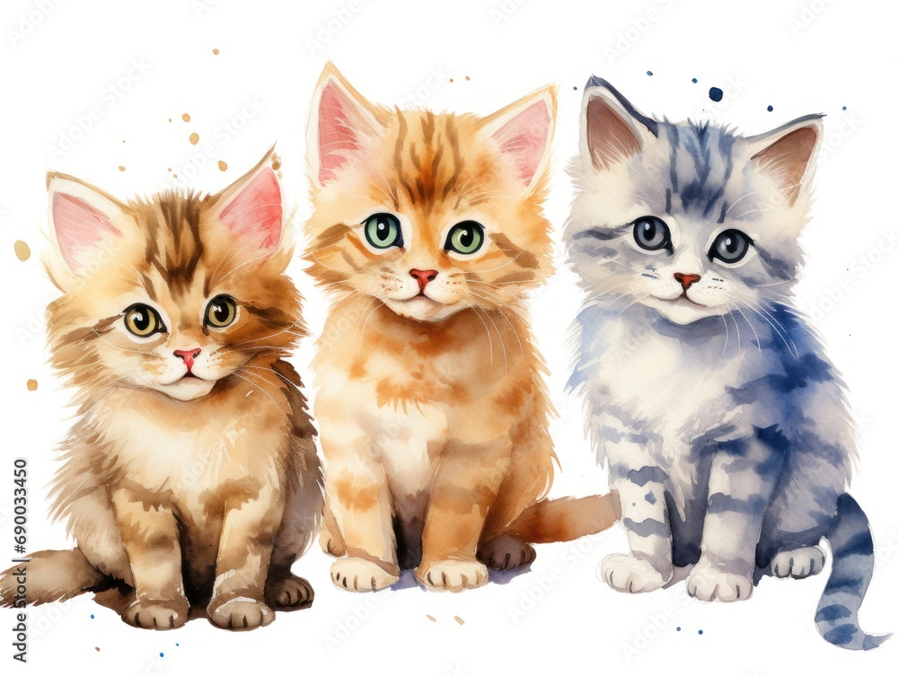 Fluffy wonders: cute watercolor kittens on a white canvas, a delightful portrayal of playful feline charm and innocence.
