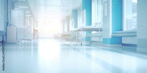 Light blurred background. The hall of an office or medical institution with panoramic windows and a perspective. 