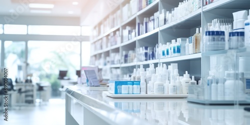 pharmacy drugstore shelves interior blurred abstract background with copy space  photo