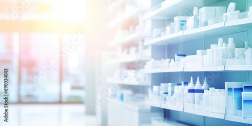 pharmacy drugstore shelves interior blurred abstract background with copy space  photo