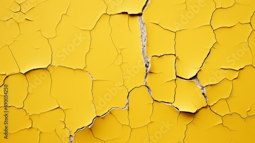 Cracking paint on yellow wall. Cracks on the wall. Texture with cracks 