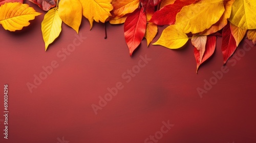 Colorful autumn leaves over a rustic dark background.