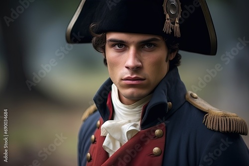 In a historical military reenactment, a patriotic soldier in full dress uniform stands ready for battle, embodying 18th-century colonial spirit.