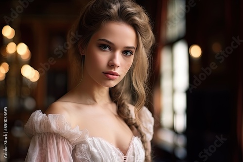 A beautiful young woman in a lace dress poses in a boudoir with elegance and grace. © Andrii Zastrozhnov