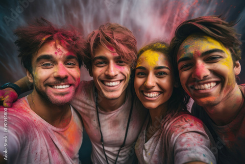 A group of friends having fun together at the popular Hindu spring festival. Portrait of diverse people with exciting expression filled with colorful Holi powders celebrating a party. Generative Ai