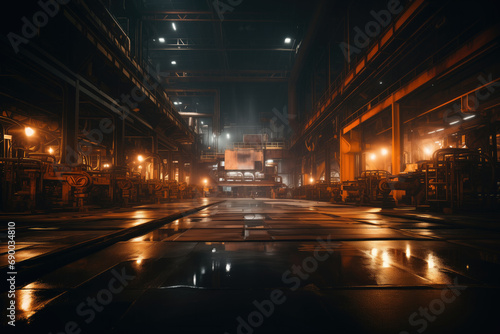 An industrial steel factory with melting furnaces, machinery, empty at night.