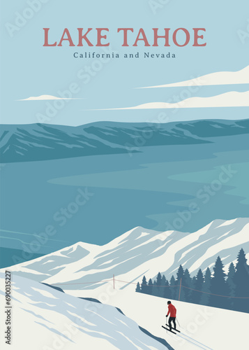 lake tahoe ski resort travel poster vintage design, lake tahoe winter view nevada and california photo