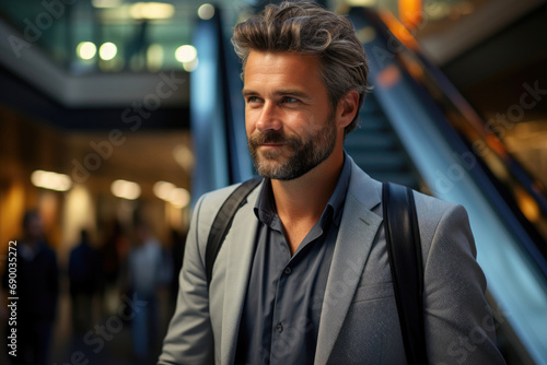 Portrait of young smiling businessman with backpack standing next to escalator towards boarding gates at airport. Business trip concept. Ai Generated