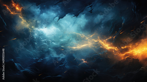 An intense and fiery abstract scene with electric blue and yellow veins, resembling a storm or nightmare. photo
