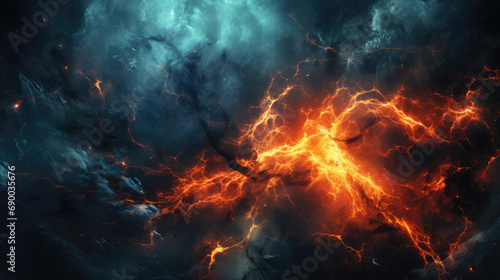 An intense and fiery abstract scene with electric blue and orange veins  resembling a storm or nightmare.