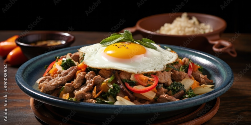 stir fried with meat, fried egg and vegetables, generative AI stir fried with meat, fried egg and vegetables, generative AI
