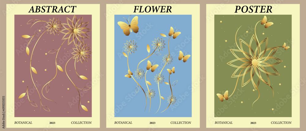 © Nadiia - Set of flower market posters in golden style.Golden flowers and butterflies for your designs.Abstract floral illustration. Template for cards, wall art, banner, background. Vector illustration. © Nadiia - Set of flower market posters in golden style.Golden flowers and butterflies for your designs.Abstract floral illustration. Template for cards, wall art, banner, background. Vector illustration.