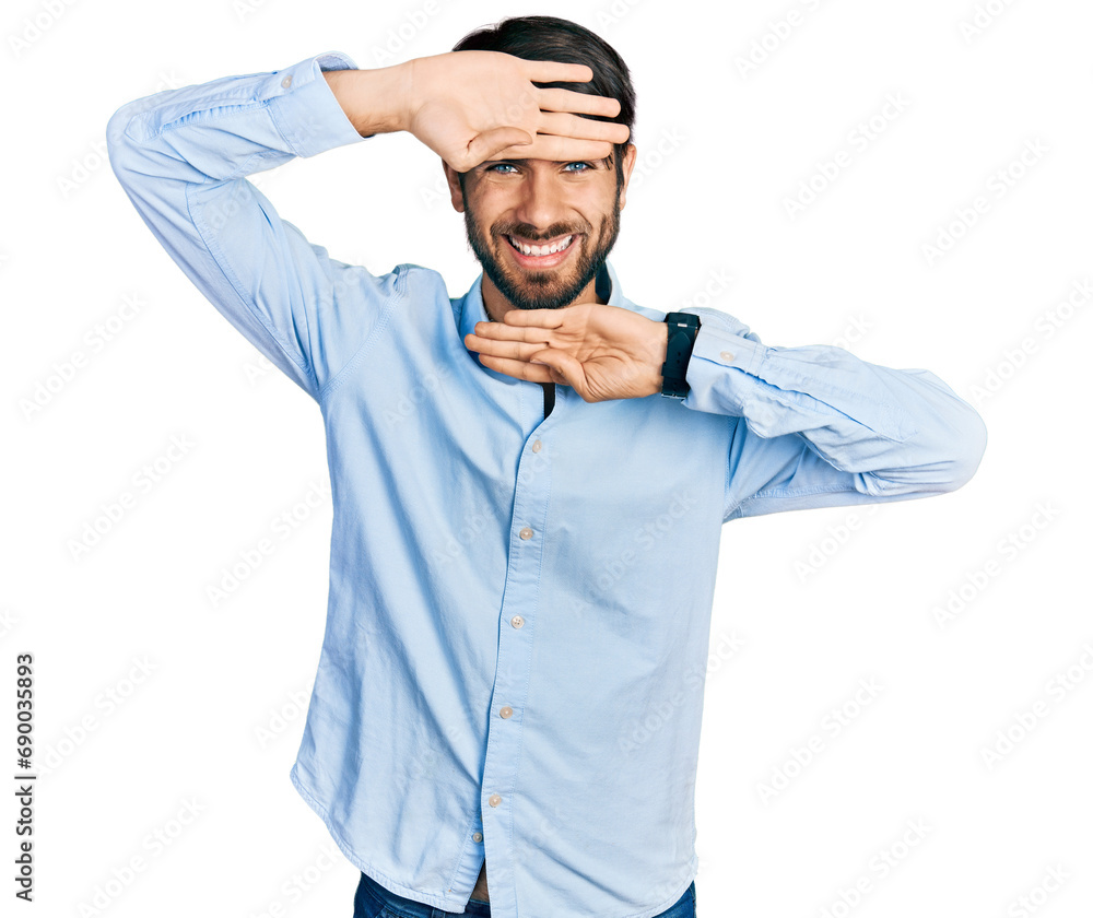 Hispanic man with blue eyes wearing business shirt smiling cheerful playing peek a boo with hands showing face. surprised and exited Hispanic man with blue eyes wearing business shirt smiling cheerful playing peek a boo with hands showing face. surprised and exited