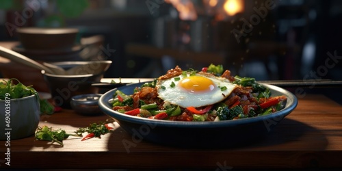 stir fried with meat, fried egg and vegetables, generative AI