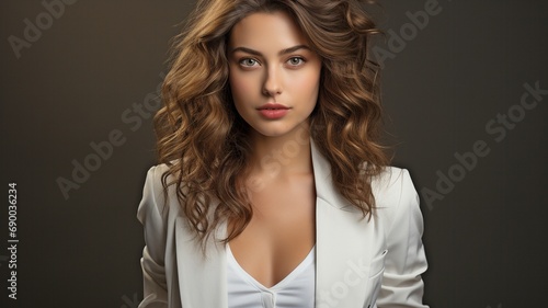 Beautiful brunette with long hair wearing white trousers and a blazer against a grey background.