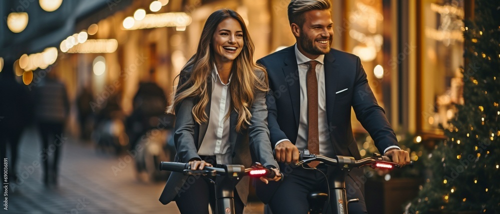 A businessman and a businesswoman were using electric scooters to their advantage.. - obrazy, fototapety, plakaty 