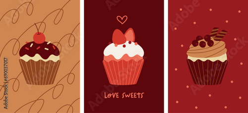 A set of art posters of cupcakes with sweet chocolate and strawberry coloring.