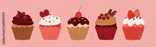 Vector illustration set of cupcakes decorated with chocolate and strawberries.