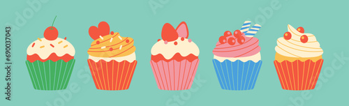 A set of vector illustrations of colorful cupcakes in a retro and pop design.