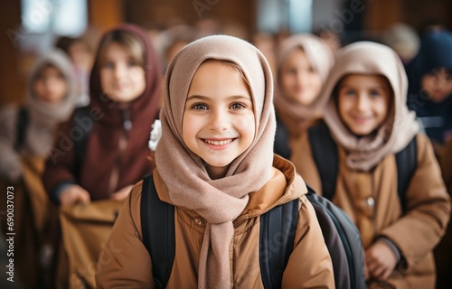 A group of kids seated at desks in the classroom. Hijab-wearing girls in class. photo