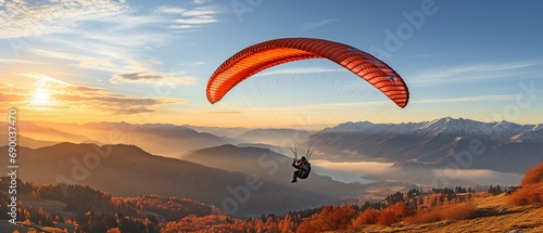 Man falling through a parachute in a clear blue sky. photo