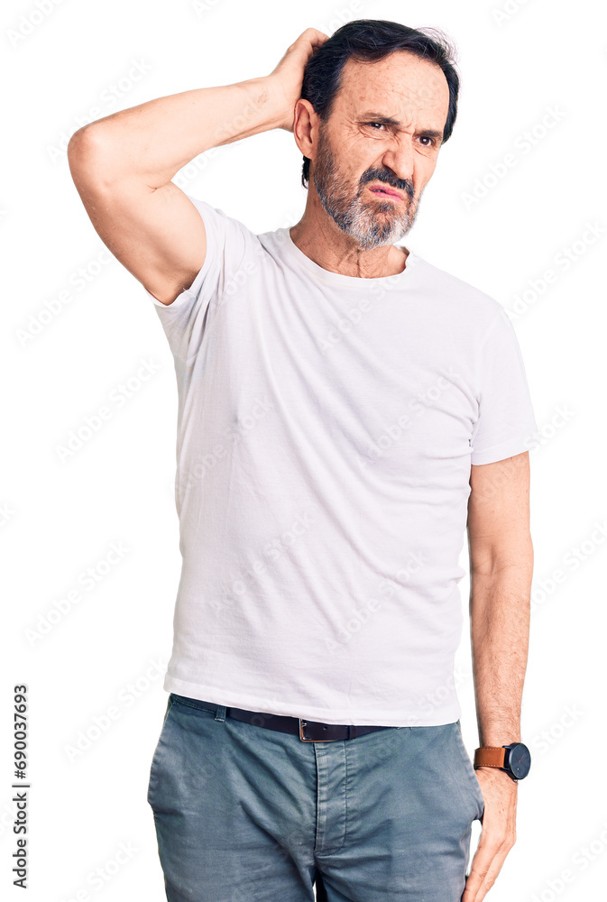 Middle age handsome man wearing casual t-shirt confuse and wondering about question. uncertain with doubt, thinking with hand on head. pensive concept. Middle age handsome man wearing casual t-shirt confuse and wondering about question. uncertain with doubt, thinking with hand on head. pensive concept.