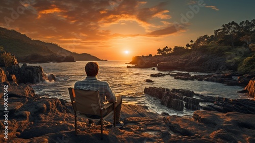 Man alone in a chair at dusk.