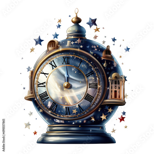 This watercolor art of a clock pointing to 12 AM midnight illustration is perfect for New Year's Eve countdown party decor. Capturing the essence of celebration and vibrant festive cheers. photo
