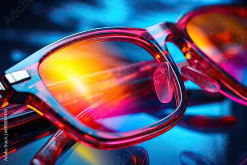 Close-up of glasses in neon light. Generated by artificial intelligence