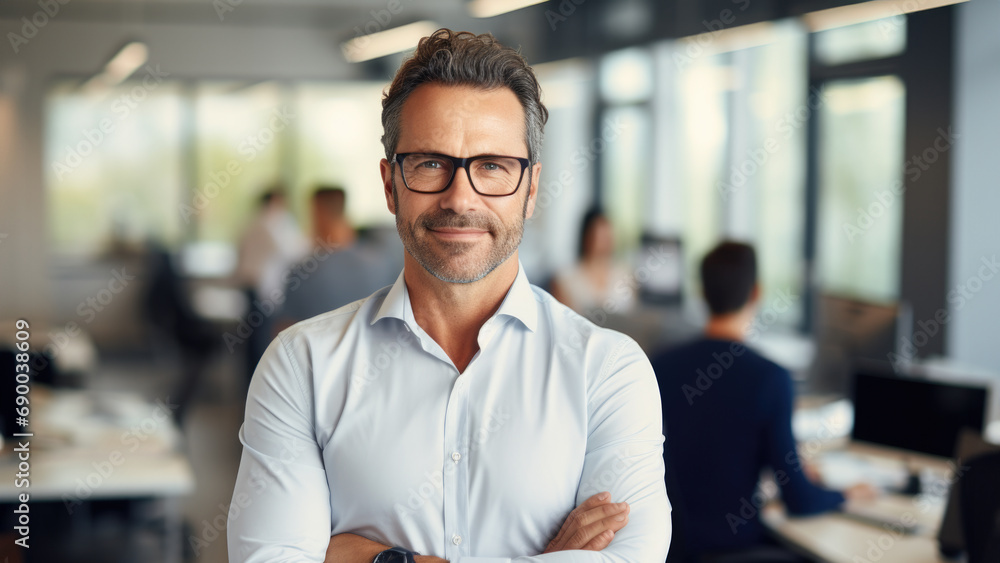 Man standing with his arms crossed in white shirt and glasses. Professional, business, or corporate themes. Man standing with his arms crossed in white shirt and glasses. Professional, business, or corporate themes.