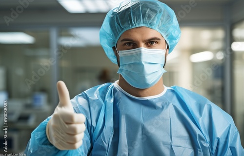 approve sign in the portrait of a male surgeon. photo